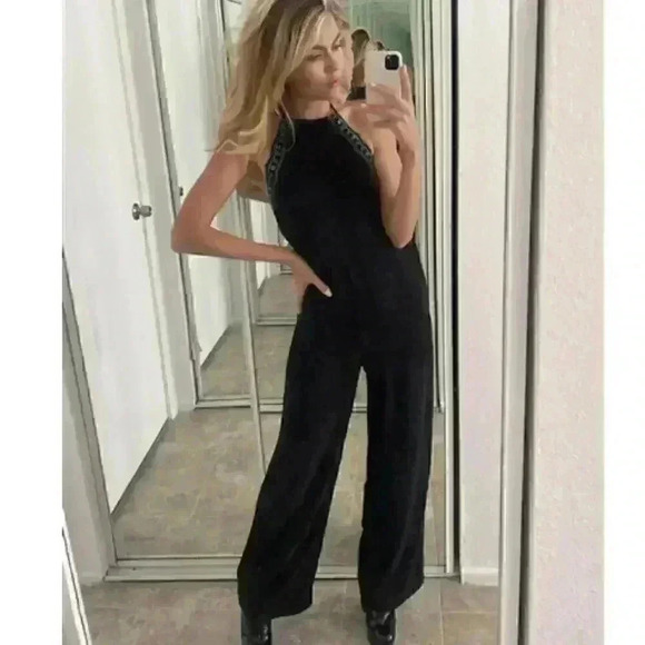 BLACK SUEDE Eyelet Embroidered Trim Self-Tie Halter Neck Open Back Jumpsuit - Picture 4 of 8